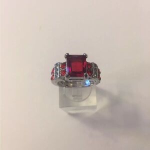 Ruby Red Garnet Band Ring white Rhodium Plated Size 7